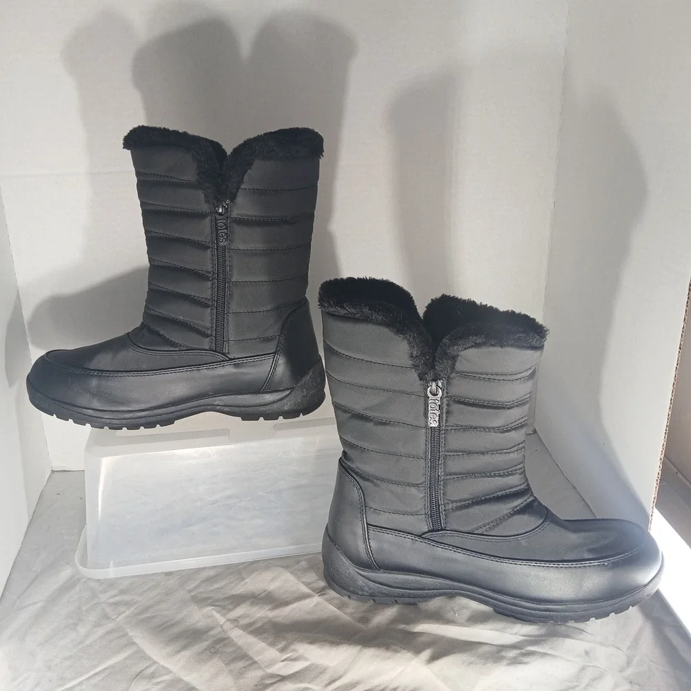 Totes Jennifer Black Quilted Faux‎ Fur Lined Winter Boots Womens 9 Medium Zip Up